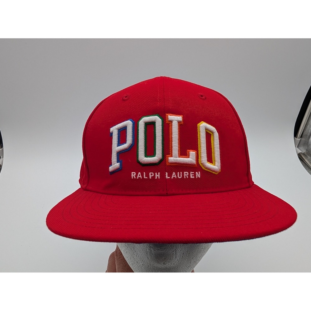Polo Ralph Lauren Red Multi-Color Embroidered Logo Snapback Hat Flat Brim Cap